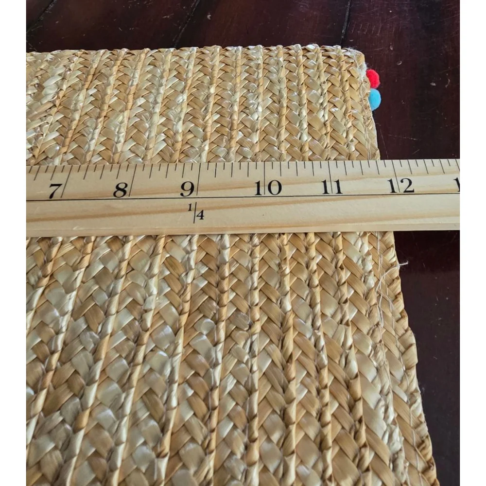 Women's Vintage Beige Summer Straw Clutch with Multi-color Pom Poms, One Size
